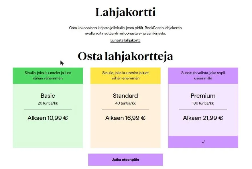 Kuvakaappaus BookBeatin lahjakorttisivulta: lahjakortin voi ostaa Basic-, Standard- tai Premium-pakettiin