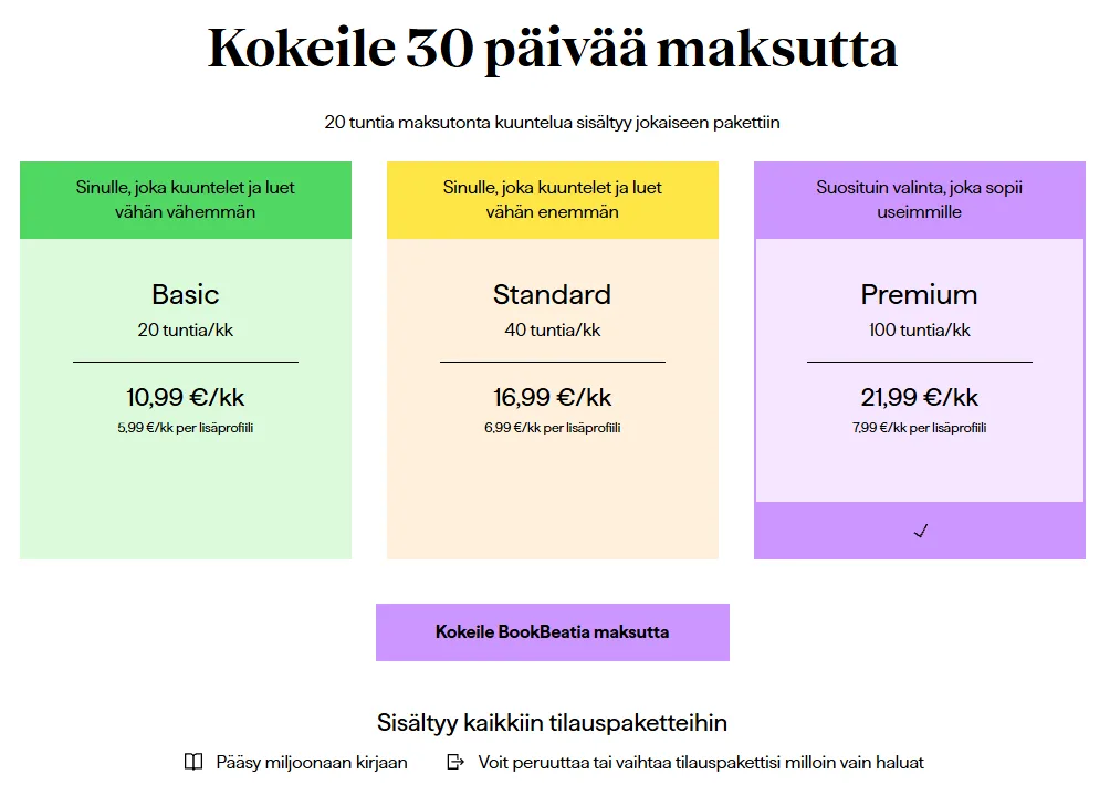 Kuvakaappaus BookBeatin pakettisivulta: Basic 20 tuntia, Standard 40 tuntia ja Premium 100 tuntia kuukaudessa sekä lisäprofiilien hinnat