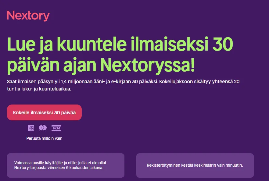 Kuvakaappaus Nextoryn kampanjasivulta: lue ja kuuntele ilmaiseksi 30 päivän ajan, kokeilussa 20 tuntia luku- ja kuunteluaikaa