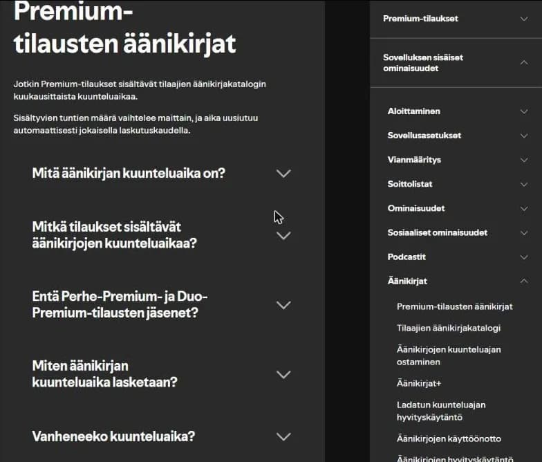 Kuvakaappaus Spotifyn ohjesivulta Premium-tilausten äänikirjat: kysymykset kuunteluajasta, tilauksista ja kuunteluajan laskemisesta