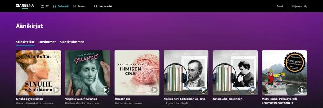 Kuvakaappaus Yle Areenan Äänikirjat-osastosta: välilehdet Suositellut, Uusimmat ja Suosituimmat sekä kuunneltavia teoksia kansikuvineen